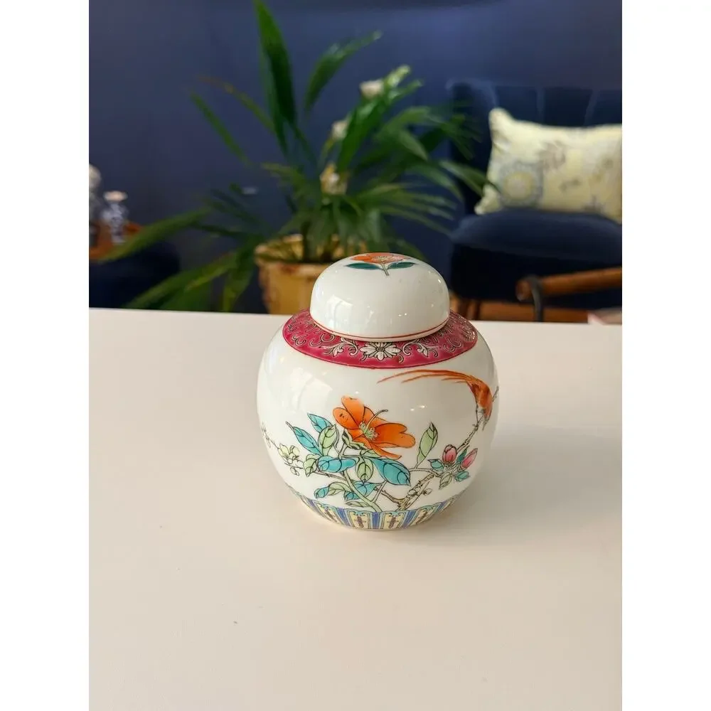 Vintage Chinese Famille Rose Ginger Jar Bird Floral Calligraphy Jingdezhen 4.5
